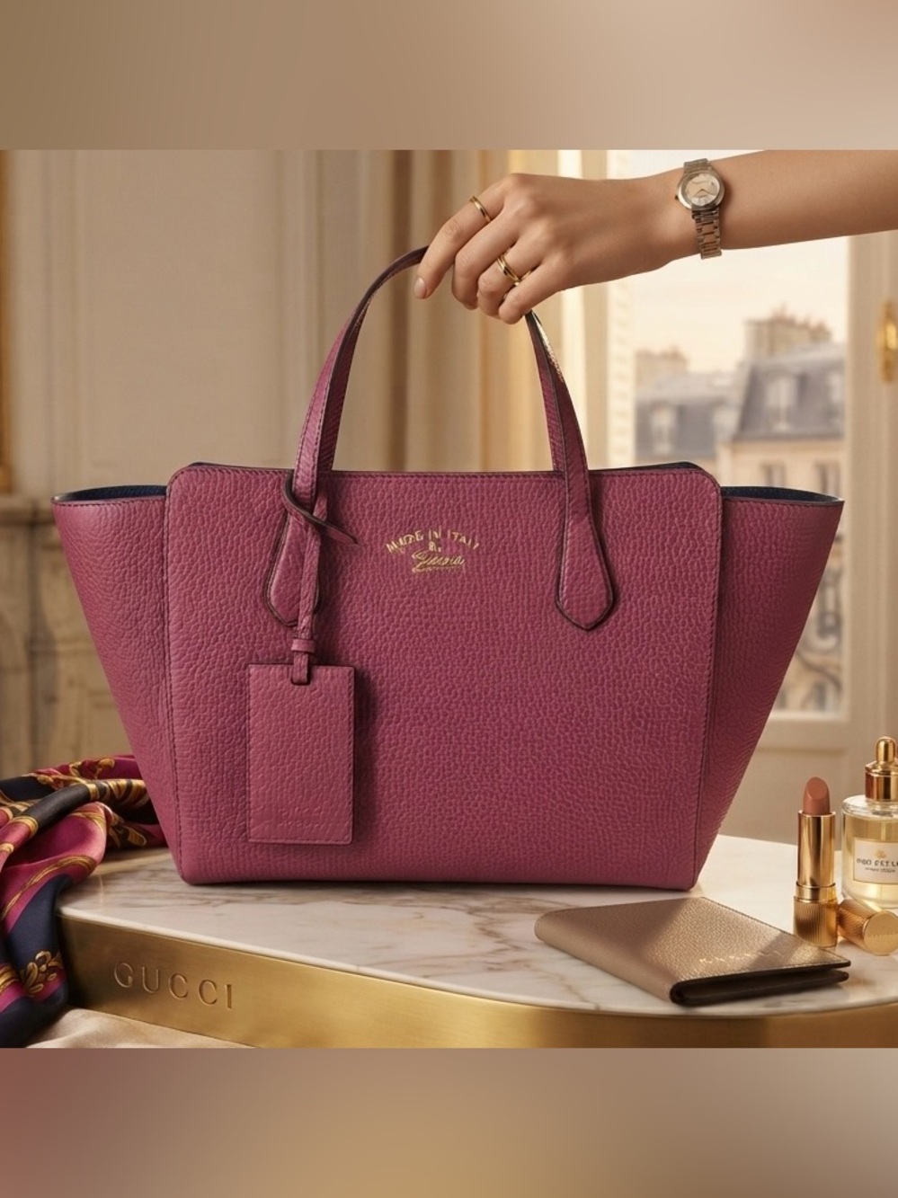 Gucci Plum Leather Tote with Gold Logo
